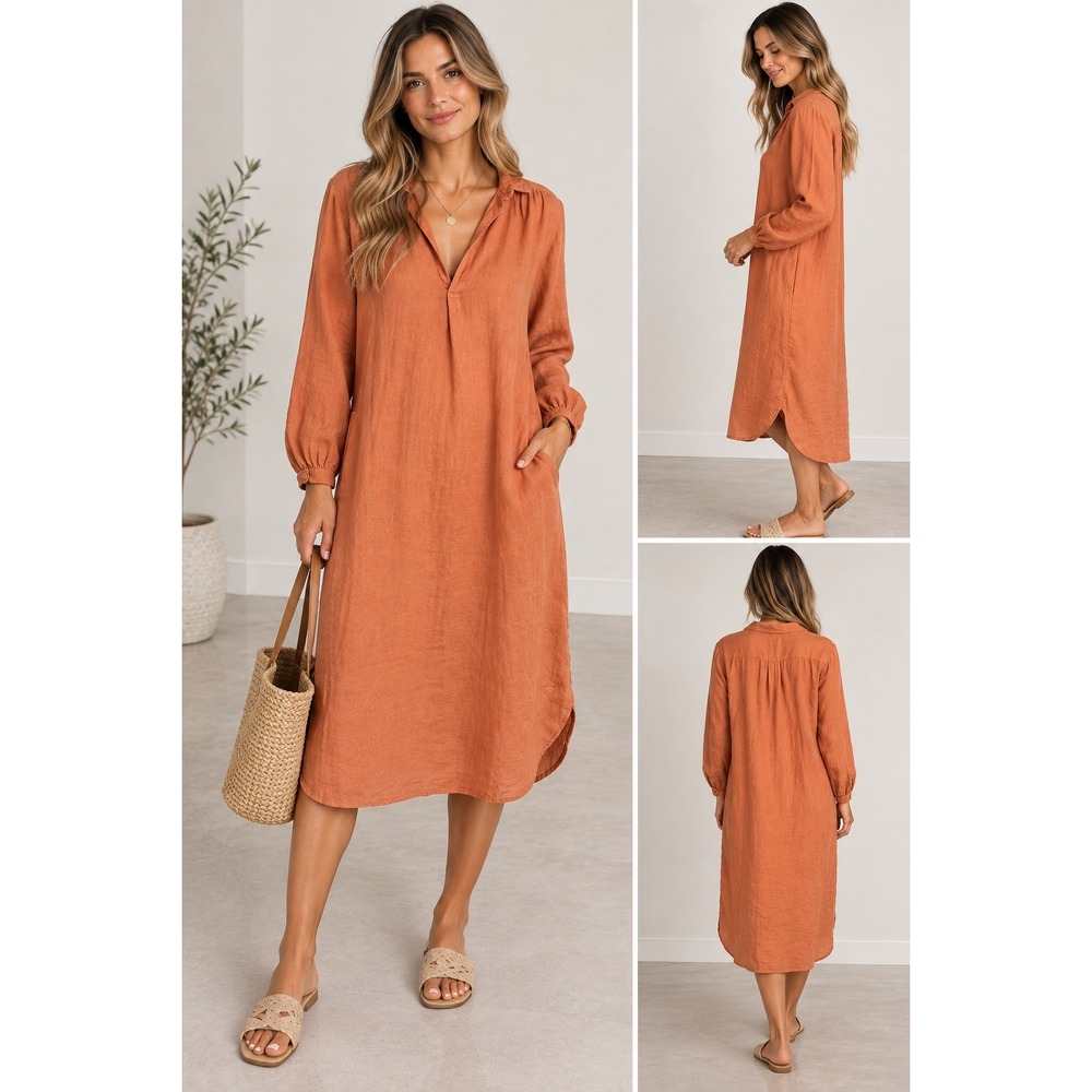CP Shades 100% Linen Orange Midi Dress Pockets Lagenlook Coastal Womens Medium